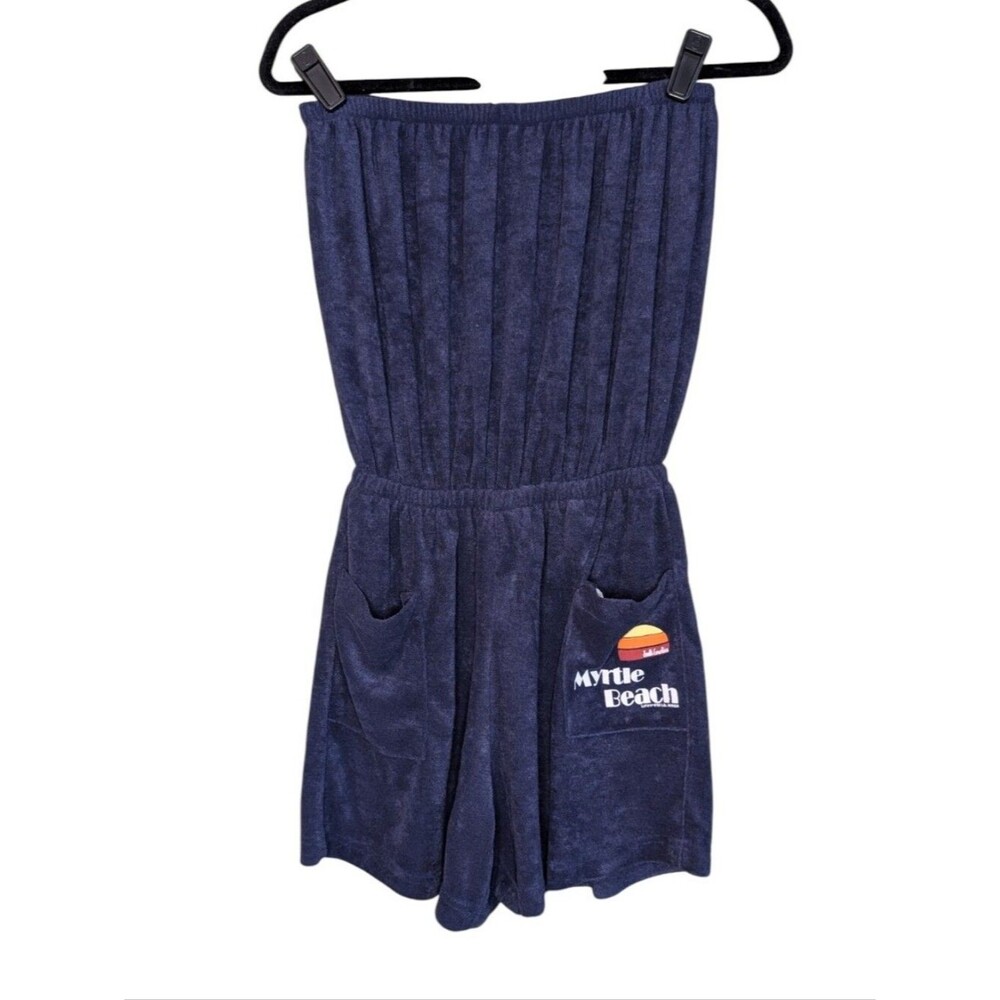 Myrtle Beach Navy terry cloth strapless romper coverup Large Tube top Y2K beach